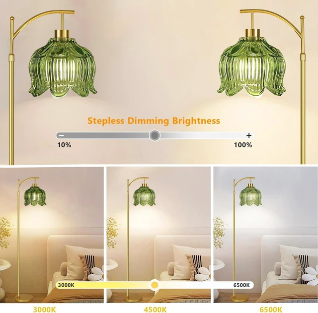 Alt view image 2 of 7 - Glass Floor Lamp for Living Room,Bedroom,Gold Mid Century Modern Standing Lamp with Remote,Dimmable Brass Tall Lamp Vintage Tulip Green Arc Flower Floor Light Boho Bohemian