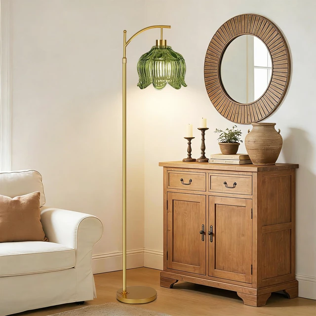 Alt view image 3 of 7 - Glass Floor Lamp for Living Room,Bedroom,Gold Mid Century Modern Standing Lamp with Remote,Dimmable Brass Tall Lamp Vintage Tulip Green Arc Flower Floor Light Boho Bohemian