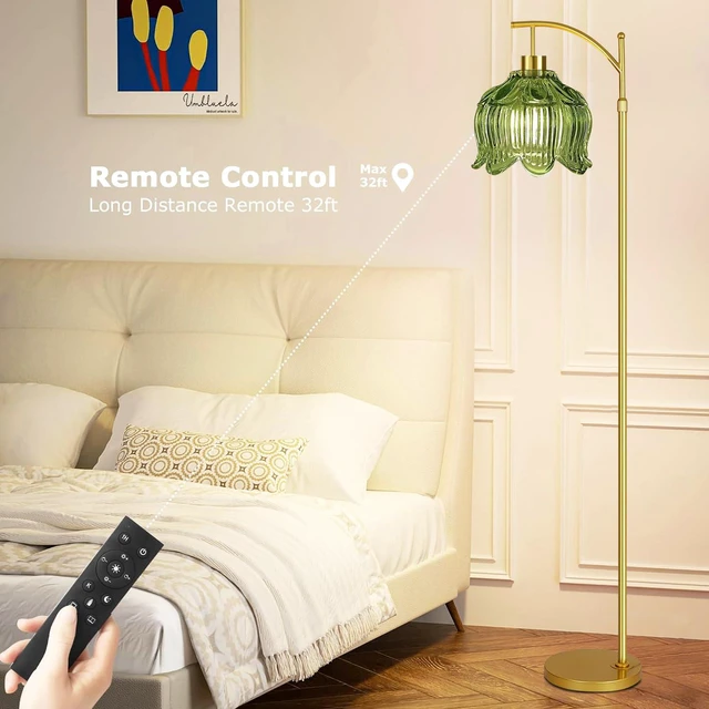 Alt view image 4 of 7 - Glass Floor Lamp for Living Room,Bedroom,Gold Mid Century Modern Standing Lamp with Remote,Dimmable Brass Tall Lamp Vintage Tulip Green Arc Flower Floor Light Boho Bohemian