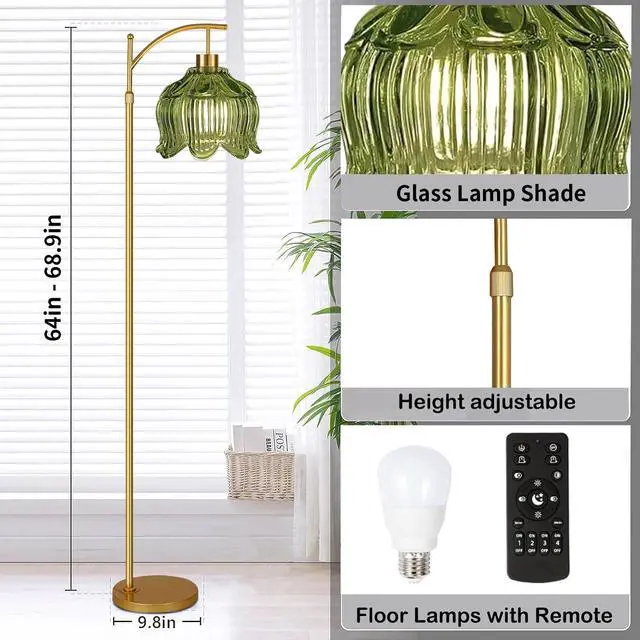 Alt view image 5 of 7 - Glass Floor Lamp for Living Room,Bedroom,Gold Mid Century Modern Standing Lamp with Remote,Dimmable Brass Tall Lamp Vintage Tulip Green Arc Flower Floor Light Boho Bohemian