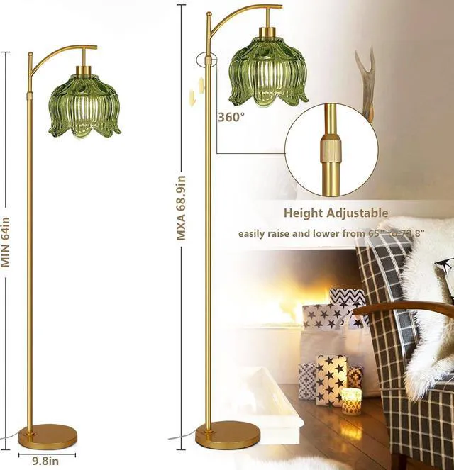 Alt view image 7 of 7 - Glass Floor Lamp for Living Room,Bedroom,Gold Mid Century Modern Standing Lamp with Remote,Dimmable Brass Tall Lamp Vintage Tulip Green Arc Flower Floor Light Boho Bohemian