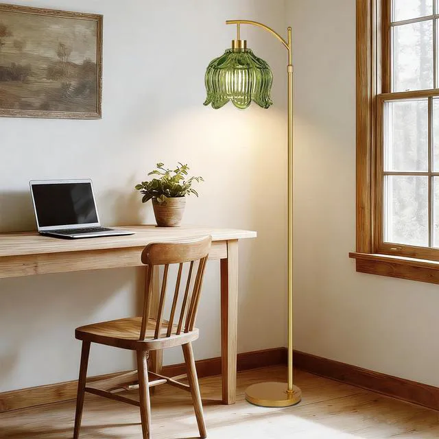 Alt view image 6 of 7 - Glass Floor Lamp for Living Room,Bedroom,Gold Mid Century Modern Standing Lamp with Remote,Dimmable Brass Tall Lamp Vintage Tulip Green Arc Flower Floor Light Boho Bohemian