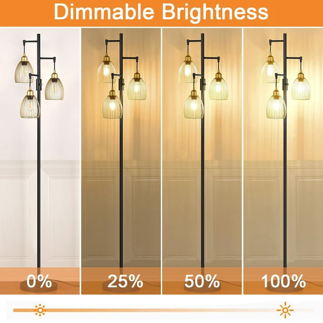 Alt view image 3 of 7 - Dimmable Floor Lamp, Industrial Floor Lamps for Living Room, Gold and Black Tree Lamp Standing Lamp Tall Lamps with 3 Elegant Teardrop Cage Head & 800 Lumens LED Bulbs for Living room Bedroom Office
