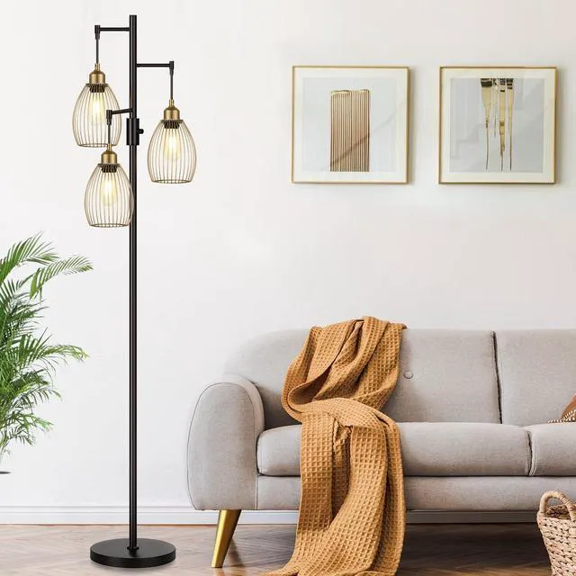 Alt view image 5 of 7 - Dimmable Floor Lamp, Industrial Floor Lamps for Living Room, Gold and Black Tree Lamp Standing Lamp Tall Lamps with 3 Elegant Teardrop Cage Head & 800 Lumens LED Bulbs for Living room Bedroom Office