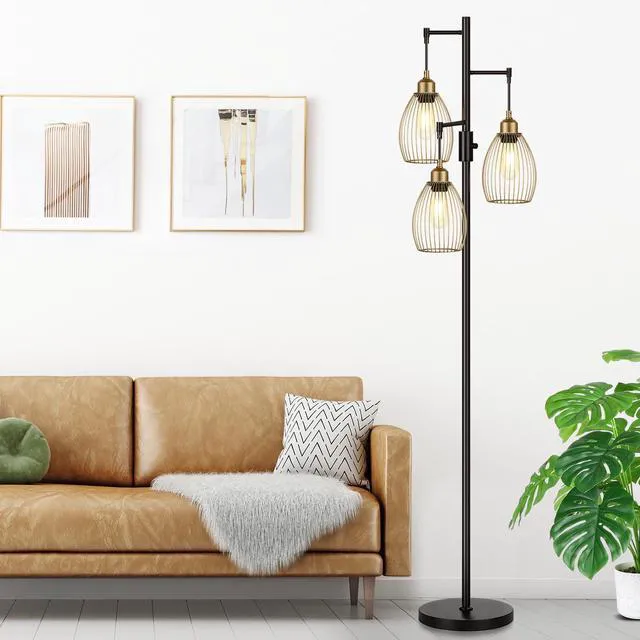 Alt view image 6 of 7 - Dimmable Floor Lamp, Industrial Floor Lamps for Living Room, Gold and Black Tree Lamp Standing Lamp Tall Lamps with 3 Elegant Teardrop Cage Head & 800 Lumens LED Bulbs for Living room Bedroom Office