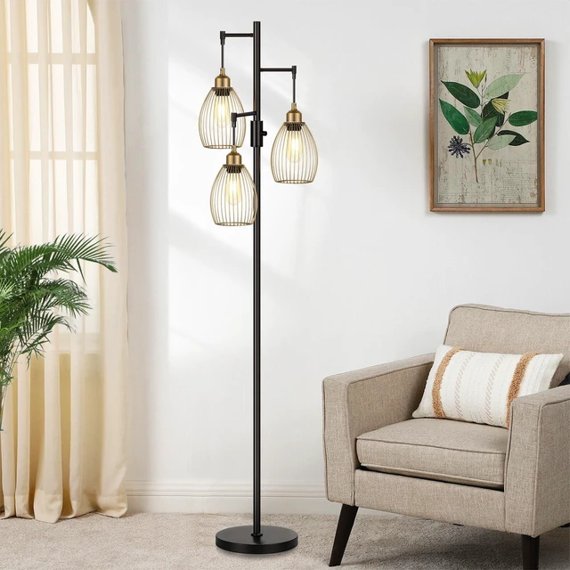 Alt view image 7 of 7 - Dimmable Floor Lamp, Industrial Floor Lamps for Living Room, Gold and Black Tree Lamp Standing Lamp Tall Lamps with 3 Elegant Teardrop Cage Head & 800 Lumens LED Bulbs for Living room Bedroom Office