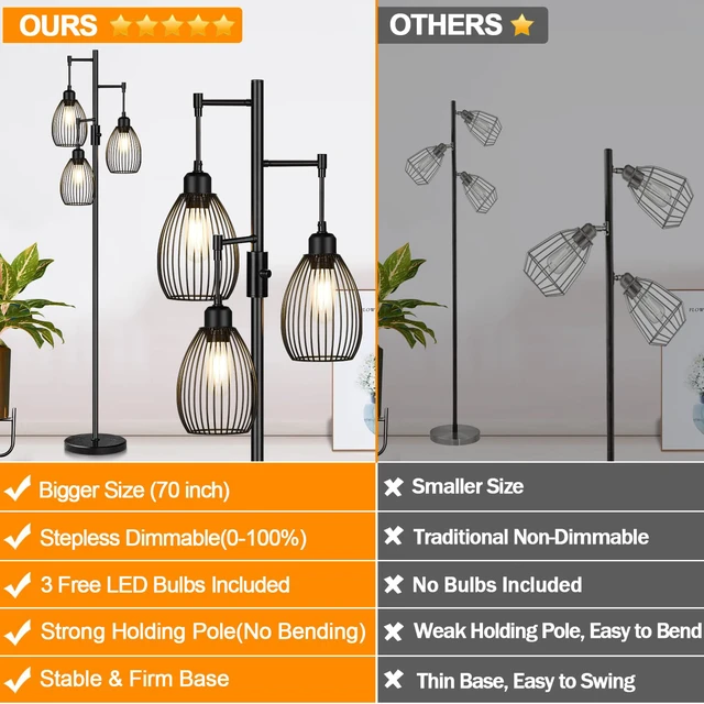 Alt view image 2 of 7 - 70" Dimmable Floor Lamp with Marble Base, 3 x 800LM LED Edison Bulbs Included, Industrial Black Floor Lamps for Living Room, Rustic Tall Lamps Standing Lamp for Bedrooms Living Room