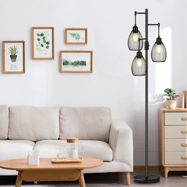 Alt view image 6 of 7 - 70" Dimmable Floor Lamp with Marble Base, 3 x 800LM LED Edison Bulbs Included, Industrial Black Floor Lamps for Living Room, Rustic Tall Lamps Standing Lamp for Bedrooms Living Room