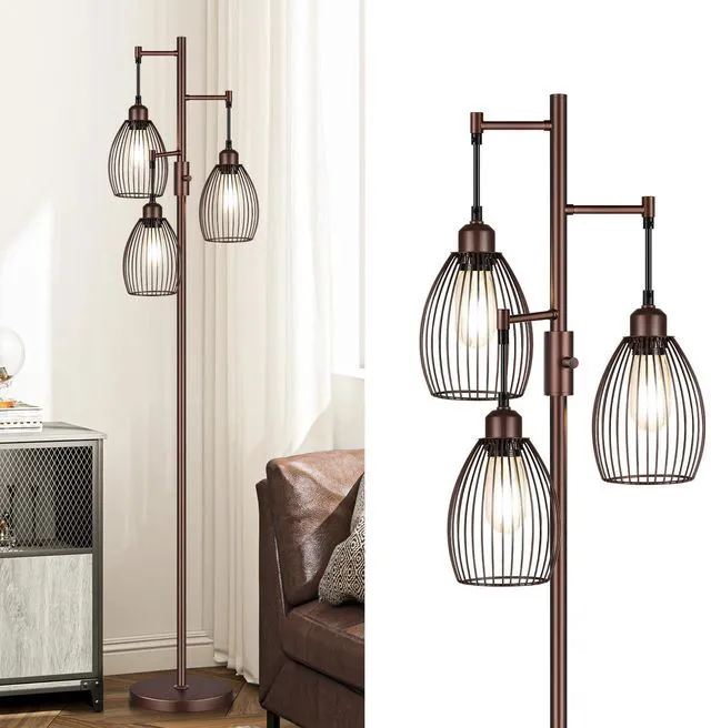 Main image of Dimmable Farmhouse Industrial Floor Lamp, Matte Brown Tree Standing Tall Lamps with 3 Elegant Teardrop Cage Head & 800 Lumens LED Edison Bulbs for Living Room Bedroom Office Dining Room