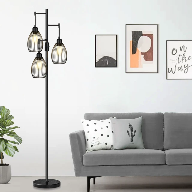Alt view image 7 of 7 - 70" Dimmable Floor Lamp with Marble Base, 3 x 800LM LED Edison Bulbs Included, Industrial Black Floor Lamps for Living Room, Rustic Tall Lamps Standing Lamp for Bedrooms Living Room