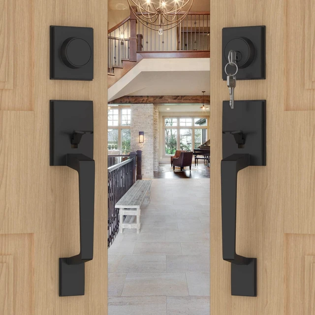 Main image of Double Front Door Lock Set, Black Double Door Handle Set, Matte Black Double Door Handle with Dummy, Modern Double Front Door Hardware Set with Reversible Handle Lever
