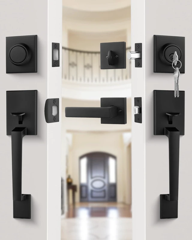 Alt view image 2 of 7 - Double Front Door Lock Set, Black Double Door Handle Set, Matte Black Double Door Handle with Dummy, Modern Double Front Door Hardware Set with Reversible Handle Lever