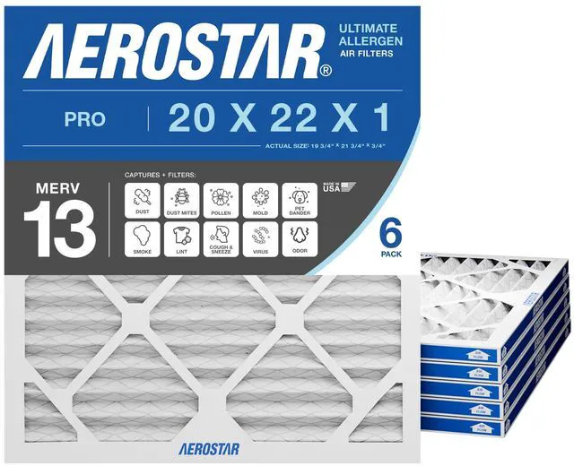 Main image of Air Filter 20x22x1 MERV 13 AC Filter, HVAC, Furnace Filter, 6 Pack ACTUAL SIZE (19.75 x 21.75 x 0.75) AC Filter, Furnace Filter, Allergies, Dust, Pet Dander & Smoke MERV 13 (MPR 1500)