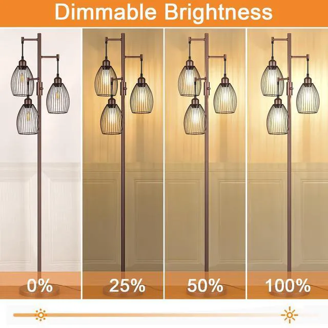 Alt view image 3 of 7 - Dimmable Farmhouse Industrial Floor Lamp, Matte Brown Tree Standing Tall Lamps with 3 Elegant Teardrop Cage Head & 800 Lumens LED Edison Bulbs for Living Room Bedroom Office Dining Room