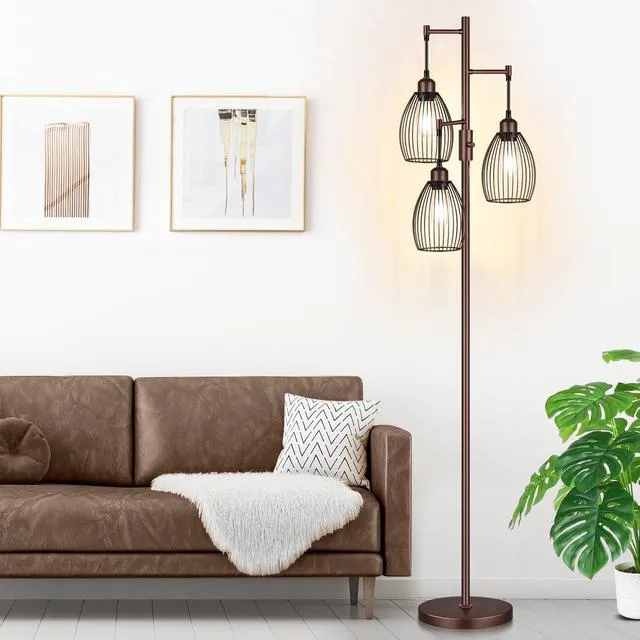 Alt view image 5 of 7 - Dimmable Farmhouse Industrial Floor Lamp, Matte Brown Tree Standing Tall Lamps with 3 Elegant Teardrop Cage Head & 800 Lumens LED Edison Bulbs for Living Room Bedroom Office Dining Room