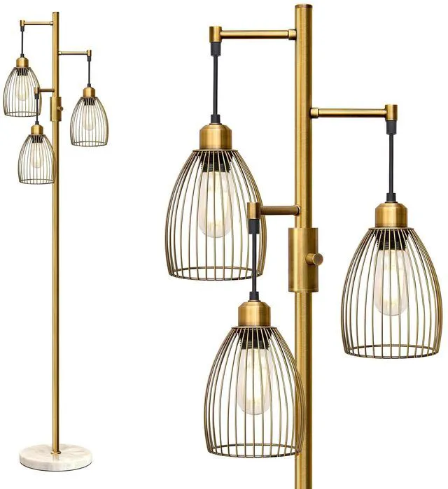 Main image of Dimmable Floor Lamps for Living Room, Industrial Standing Lamp with Marble Base, Antique Brass Tree Tall Pole Light with 3 Elegant Teardrop Cage Head & 800 Lumens LED Bulbs for Bedroom Office