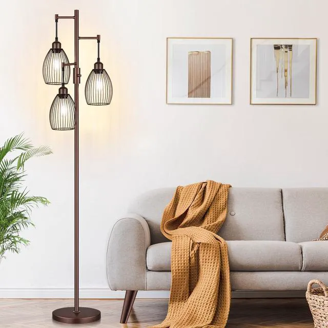 Alt view image 6 of 7 - Dimmable Farmhouse Industrial Floor Lamp, Matte Brown Tree Standing Tall Lamps with 3 Elegant Teardrop Cage Head & 800 Lumens LED Edison Bulbs for Living Room Bedroom Office Dining Room