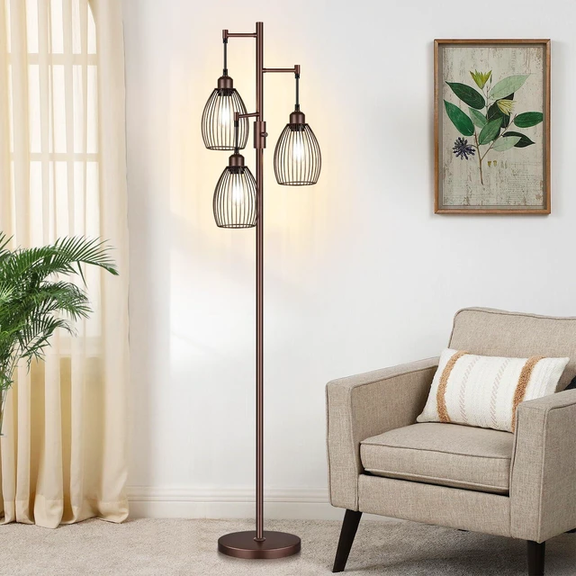 Alt view image 7 of 7 - Dimmable Farmhouse Industrial Floor Lamp, Matte Brown Tree Standing Tall Lamps with 3 Elegant Teardrop Cage Head & 800 Lumens LED Edison Bulbs for Living Room Bedroom Office Dining Room
