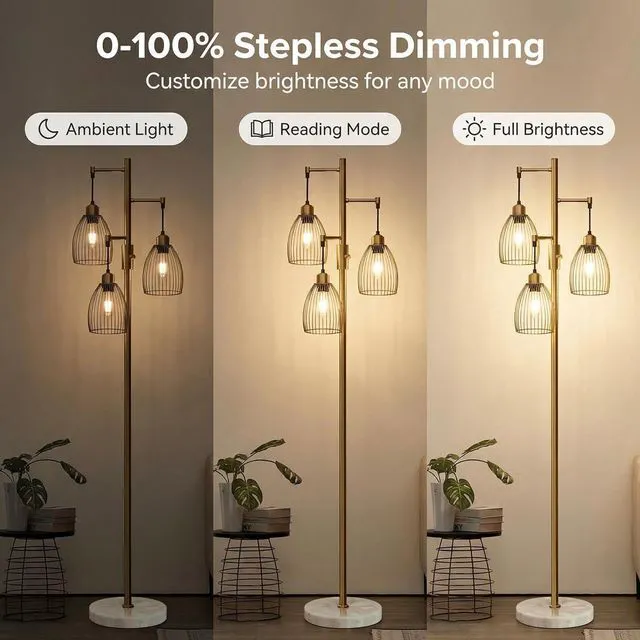 Alt view image 3 of 7 - Dimmable Floor Lamps for Living Room, Industrial Standing Lamp with Marble Base, Antique Brass Tree Tall Pole Light with 3 Elegant Teardrop Cage Head & 800 Lumens LED Bulbs for Bedroom Office