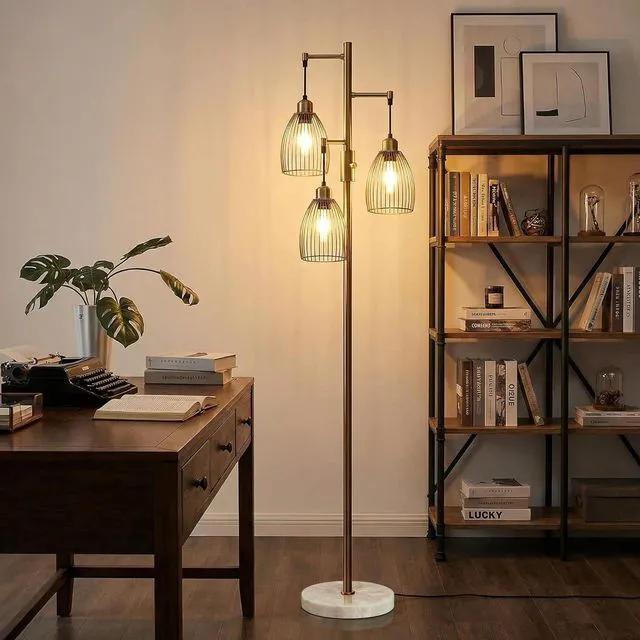 Alt view image 5 of 7 - Dimmable Floor Lamps for Living Room, Industrial Standing Lamp with Marble Base, Antique Brass Tree Tall Pole Light with 3 Elegant Teardrop Cage Head & 800 Lumens LED Bulbs for Bedroom Office