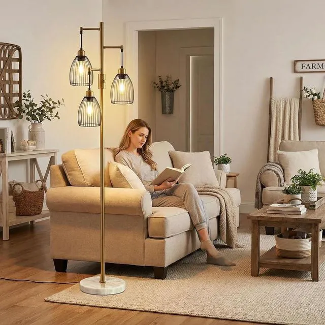 Alt view image 6 of 7 - Dimmable Floor Lamps for Living Room, Industrial Standing Lamp with Marble Base, Antique Brass Tree Tall Pole Light with 3 Elegant Teardrop Cage Head & 800 Lumens LED Bulbs for Bedroom Office