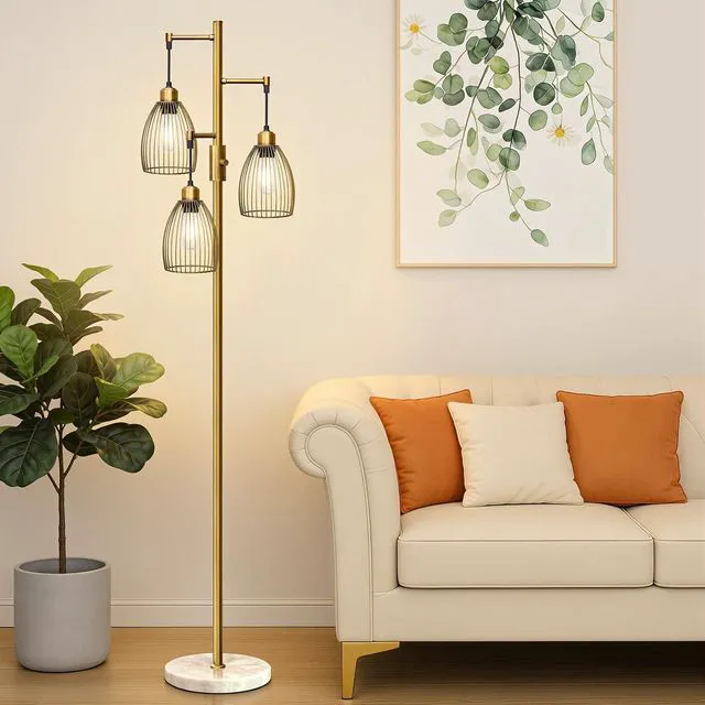 Alt view image 7 of 7 - Dimmable Floor Lamps for Living Room, Industrial Standing Lamp with Marble Base, Antique Brass Tree Tall Pole Light with 3 Elegant Teardrop Cage Head & 800 Lumens LED Bulbs for Bedroom Office