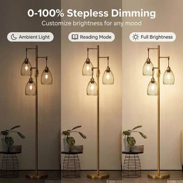 Alt view image 3 of 7 - Dimmable Floor Lamp, Industrial Floor Lamps for Living Room, Antique Brass Tree Lamp Standing Lamp Tall Lamps with 3 Elegant Teardrop Cage Head & 800 Lumens LED Bulbs for Living Room Bedroom Office