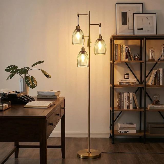 Alt view image 5 of 7 - Dimmable Floor Lamp, Industrial Floor Lamps for Living Room, Antique Brass Tree Lamp Standing Lamp Tall Lamps with 3 Elegant Teardrop Cage Head & 800 Lumens LED Bulbs for Living Room Bedroom Office