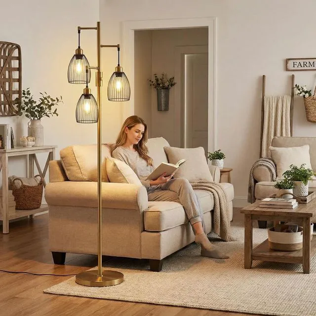 Alt view image 6 of 7 - Dimmable Floor Lamp, Industrial Floor Lamps for Living Room, Antique Brass Tree Lamp Standing Lamp Tall Lamps with 3 Elegant Teardrop Cage Head & 800 Lumens LED Bulbs for Living Room Bedroom Office