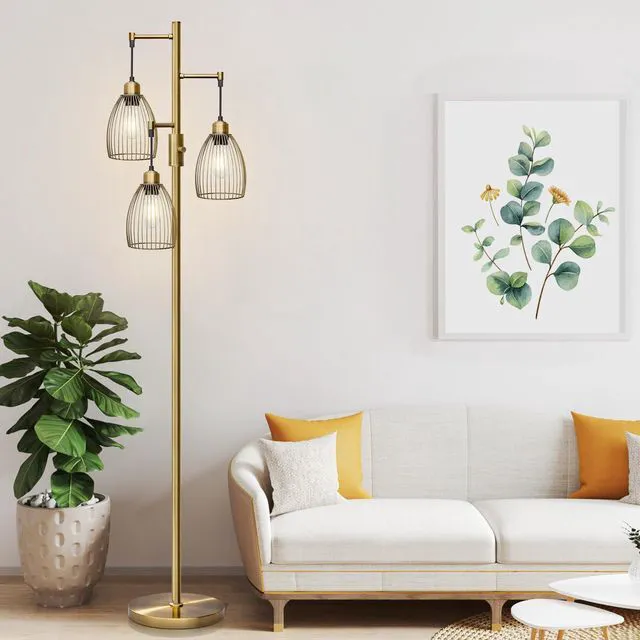 Alt view image 7 of 7 - Dimmable Floor Lamp, Industrial Floor Lamps for Living Room, Antique Brass Tree Lamp Standing Lamp Tall Lamps with 3 Elegant Teardrop Cage Head & 800 Lumens LED Bulbs for Living Room Bedroom Office