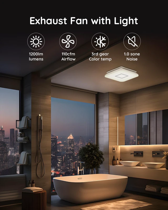 Alt view image 2 of 7 - Bathroom Fan with Light110CFM 1.0 Sones 1200lm LED Light 3000K/4000K/5000K Selectable120V 43W Quiet Bathroom Ventilation Exhaust Fan for Shower/Restroom/Office/Home(silver)