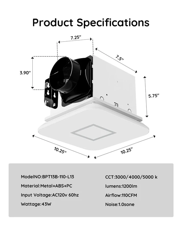 Alt view image 7 of 7 - Bathroom Fan with Light110CFM 1.0 Sones 1200lm LED Light 3000K/4000K/5000K Selectable120V 43W Quiet Bathroom Ventilation Exhaust Fan for Shower/Restroom/Office/Home(silver)