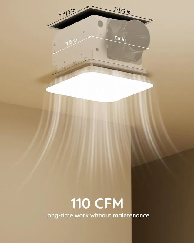 Alt view image 2 of 7 - Bathroom Exhaust Fan with Light, 1.0 Sones 110 CFM 43W 1200LM ETL,Ceiling Opening 7.75'' x 7.5'' No attic installation required, Ceiling-Mounted Shower Ventilation Exhaust Fan with Light