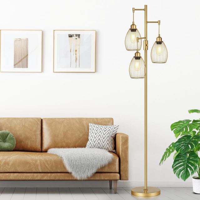 Alt view image 6 of 7 - Dimmable Floor Lamp, Industrial Floor Lamps for Living Room, Gold Tree Lamp Standing Lamp Tall Lamps with 3 Elegant Teardrop Cage Head & 800 Lumens LED Bulbs for Living room Bedroom Office Dining Room
