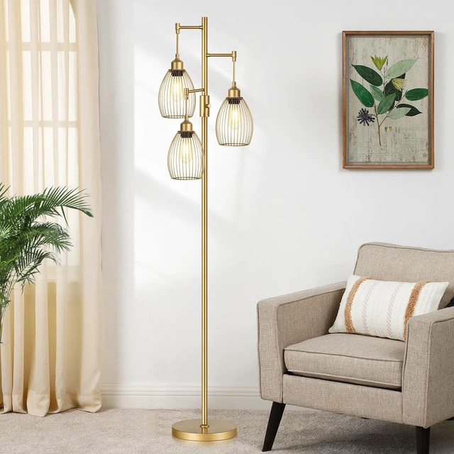 Alt view image 7 of 7 - Dimmable Floor Lamp, Industrial Floor Lamps for Living Room, Gold Tree Lamp Standing Lamp Tall Lamps with 3 Elegant Teardrop Cage Head & 800 Lumens LED Bulbs for Living room Bedroom Office Dining Room