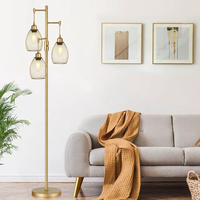 Alt view image 5 of 7 - Dimmable Floor Lamp, Industrial Floor Lamps for Living Room, Gold Tree Lamp Standing Lamp Tall Lamps with 3 Elegant Teardrop Cage Head & 800 Lumens LED Bulbs for Living room Bedroom Office Dining Room