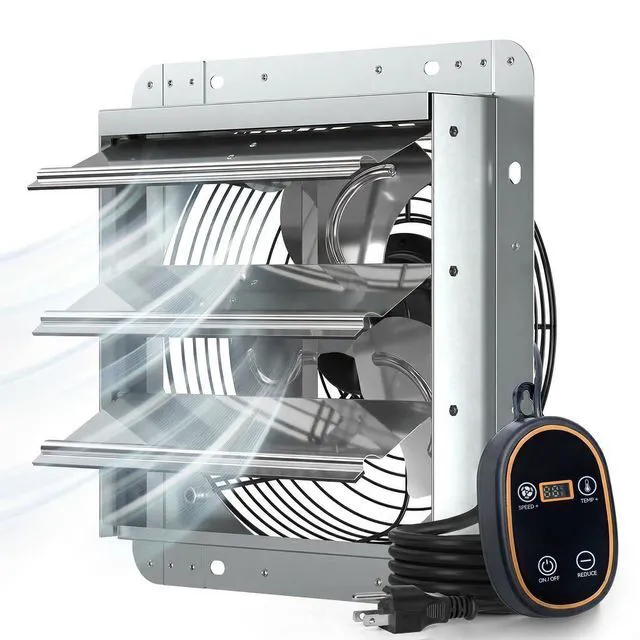 Main image of 10" Shutter Exhaust Fan, Thermostat,1200 Sq.Ft,13W DC Motor, 1073 CFM Energy-Efficient 8-Speed Ventilation Fan, Garage, Attic, Greenhouse, Kitchen, Wall Mount, Plug&Play, 3-Year Protection