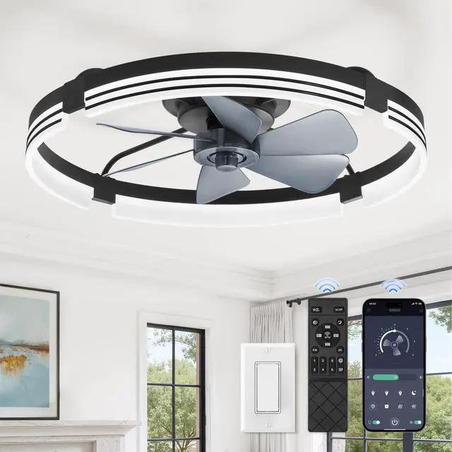 Main image of Low Profile Ceiling Fans with Lights and Remote, 24 Black 3000K-6000K Dimmable Fandelier LED, Flush Mount, 6 Wind Speeds, Reversible, Timer, Bedroom, Living Room, Kitchen, Kids Room