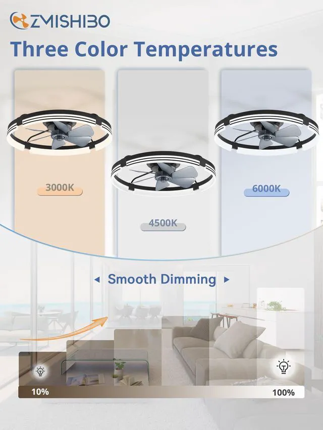 Alt view image 2 of 7 - Low Profile Ceiling Fans with Lights and Remote, 24 Black 3000K-6000K Dimmable Fandelier LED, Flush Mount, 6 Wind Speeds, Reversible, Timer, Bedroom, Living Room, Kitchen, Kids Room