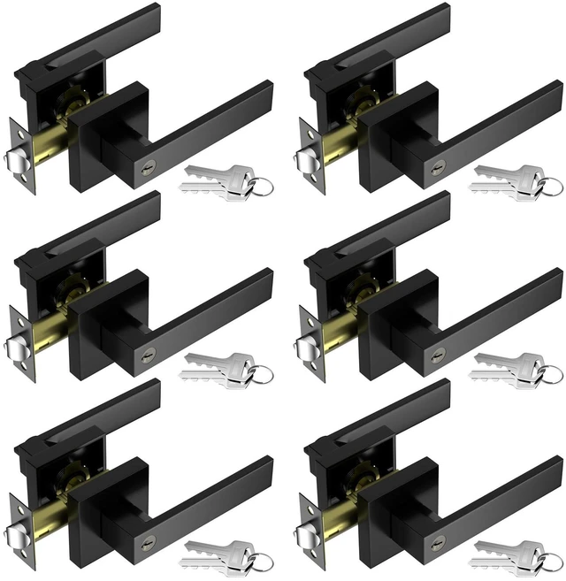 Main image of Exterior Door Handles, Black Door Handle, 6Pack Heavy Duty Zinc Door Lever Door Lock with Key (Different Keys) for Bedroom, Bathroom, Front Door, Reversible Door Handle Lock, Easy Install