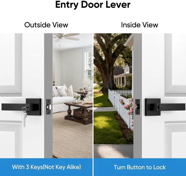 Alt view image 2 of 7 - Exterior Door Handles, Black Door Handle, 6Pack Heavy Duty Zinc Door Lever Door Lock with Key (Different Keys) for Bedroom, Bathroom, Front Door, Reversible Door Handle Lock, Easy Install