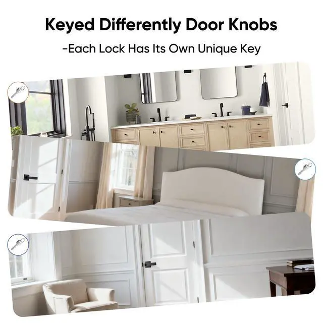 Alt view image 3 of 7 - Exterior Door Handles, Black Door Handle, 6Pack Heavy Duty Zinc Door Lever Door Lock with Key (Different Keys) for Bedroom, Bathroom, Front Door, Reversible Door Handle Lock, Easy Install