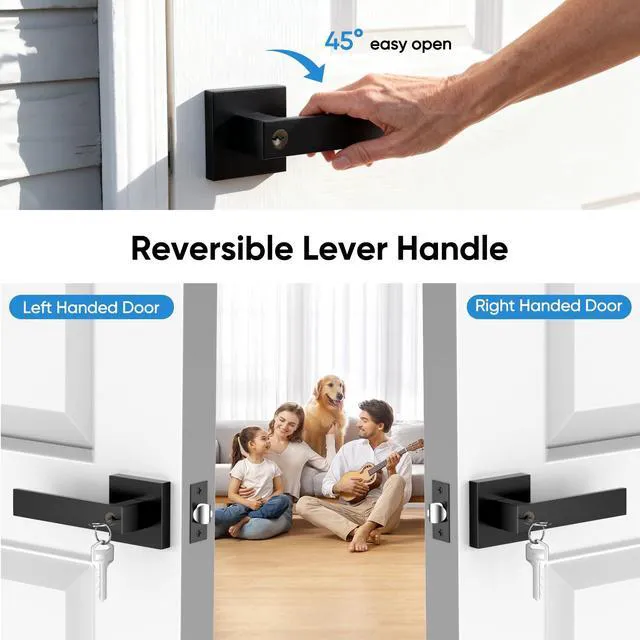 Alt view image 6 of 7 - Exterior Door Handles, Black Door Handle, 6Pack Heavy Duty Zinc Door Lever Door Lock with Key (Different Keys) for Bedroom, Bathroom, Front Door, Reversible Door Handle Lock, Easy Install