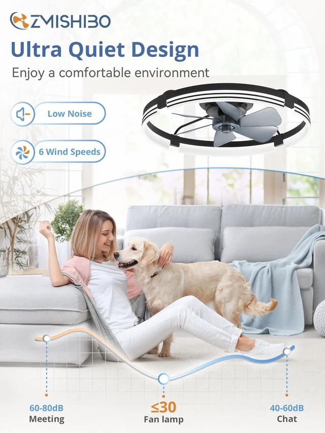 Alt view image 4 of 7 - Low Profile Ceiling Fans with Lights and Remote, 24 Black 3000K-6000K Dimmable Fandelier LED, Flush Mount, 6 Wind Speeds, Reversible, Timer, Bedroom, Living Room, Kitchen, Kids Room
