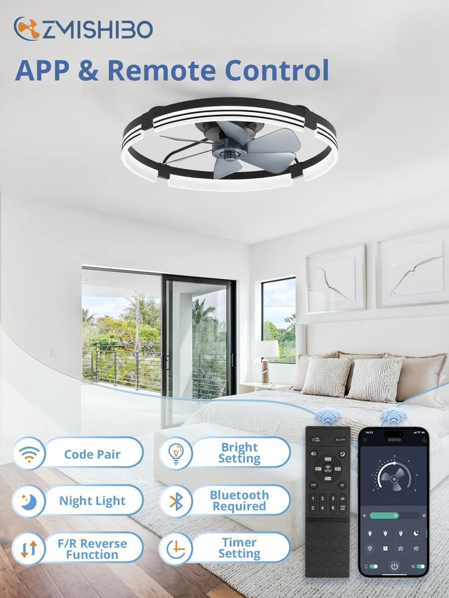 Alt view image 5 of 7 - Low Profile Ceiling Fans with Lights and Remote, 24 Black 3000K-6000K Dimmable Fandelier LED, Flush Mount, 6 Wind Speeds, Reversible, Timer, Bedroom, Living Room, Kitchen, Kids Room