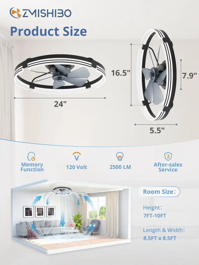 Alt view image 6 of 7 - Low Profile Ceiling Fans with Lights and Remote, 24 Black 3000K-6000K Dimmable Fandelier LED, Flush Mount, 6 Wind Speeds, Reversible, Timer, Bedroom, Living Room, Kitchen, Kids Room