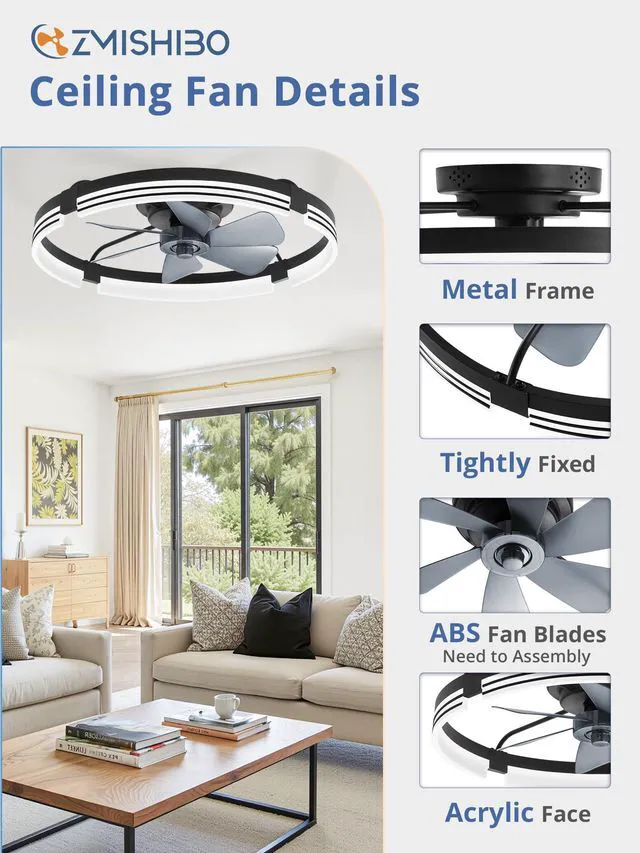Alt view image 7 of 7 - Low Profile Ceiling Fans with Lights and Remote, 24 Black 3000K-6000K Dimmable Fandelier LED, Flush Mount, 6 Wind Speeds, Reversible, Timer, Bedroom, Living Room, Kitchen, Kids Room