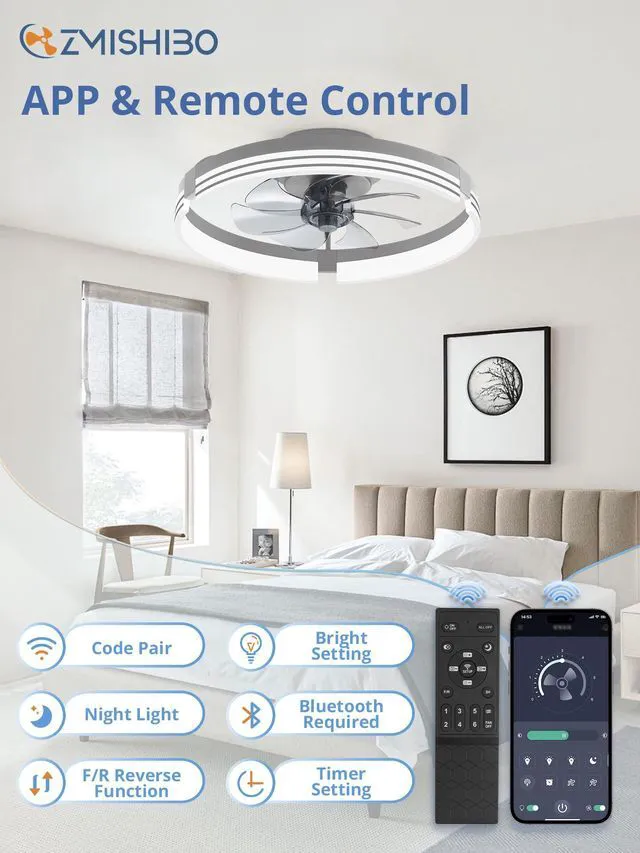 Alt view image 5 of 7 - Low Profile Ceiling Fans with Lights and Remote, 20" Grey 3000K-6000K Dimmable Fandelier LED, Flush Mount, 6 Wind Speeds, Reversible, Timer, Bedroom, Living Room, Kitchen, Kids Room