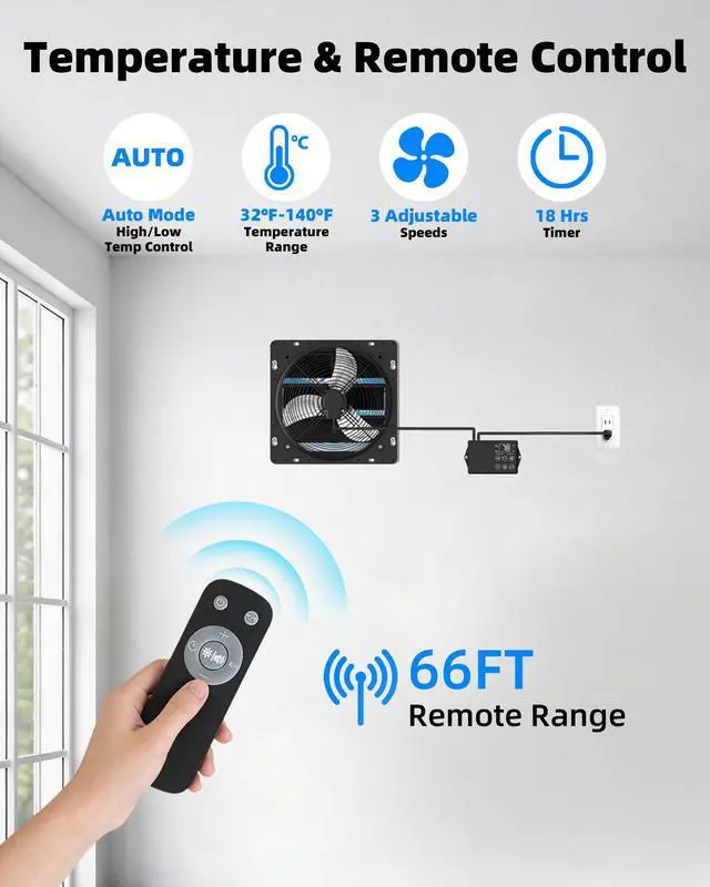 Alt view image 2 of 7 - 8'' Upgraded Shutter Exhaust Fan with Thermostat & Remote, 2PCS 760 CFM, Wall Mounted Attic Exhaust Fan, Auto On/Off by Temperature for Garage, Greenhouses, Chicken Coops & Basement