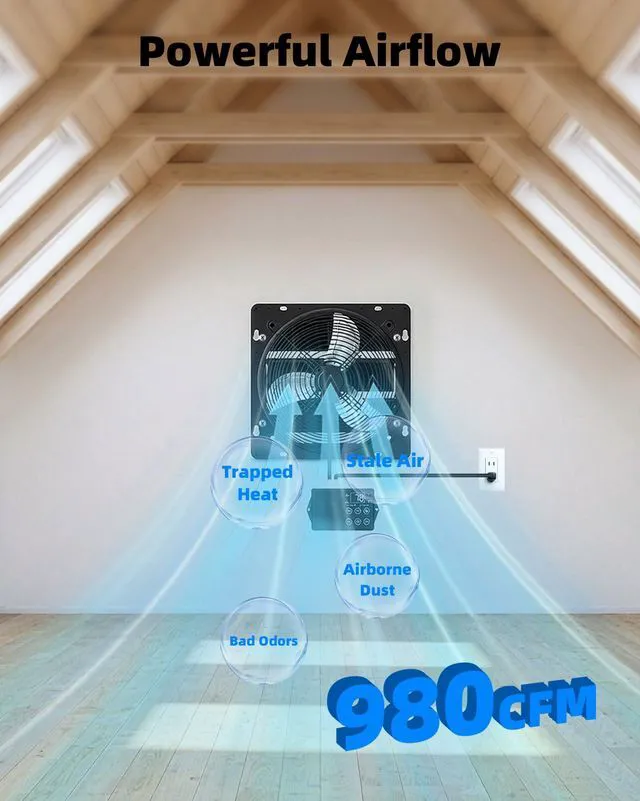 Alt view image 4 of 7 - 8'' Upgraded Shutter Exhaust Fan with Thermostat & Remote, 2PCS 760 CFM, Wall Mounted Attic Exhaust Fan, Auto On/Off by Temperature for Garage, Greenhouses, Chicken Coops & Basement